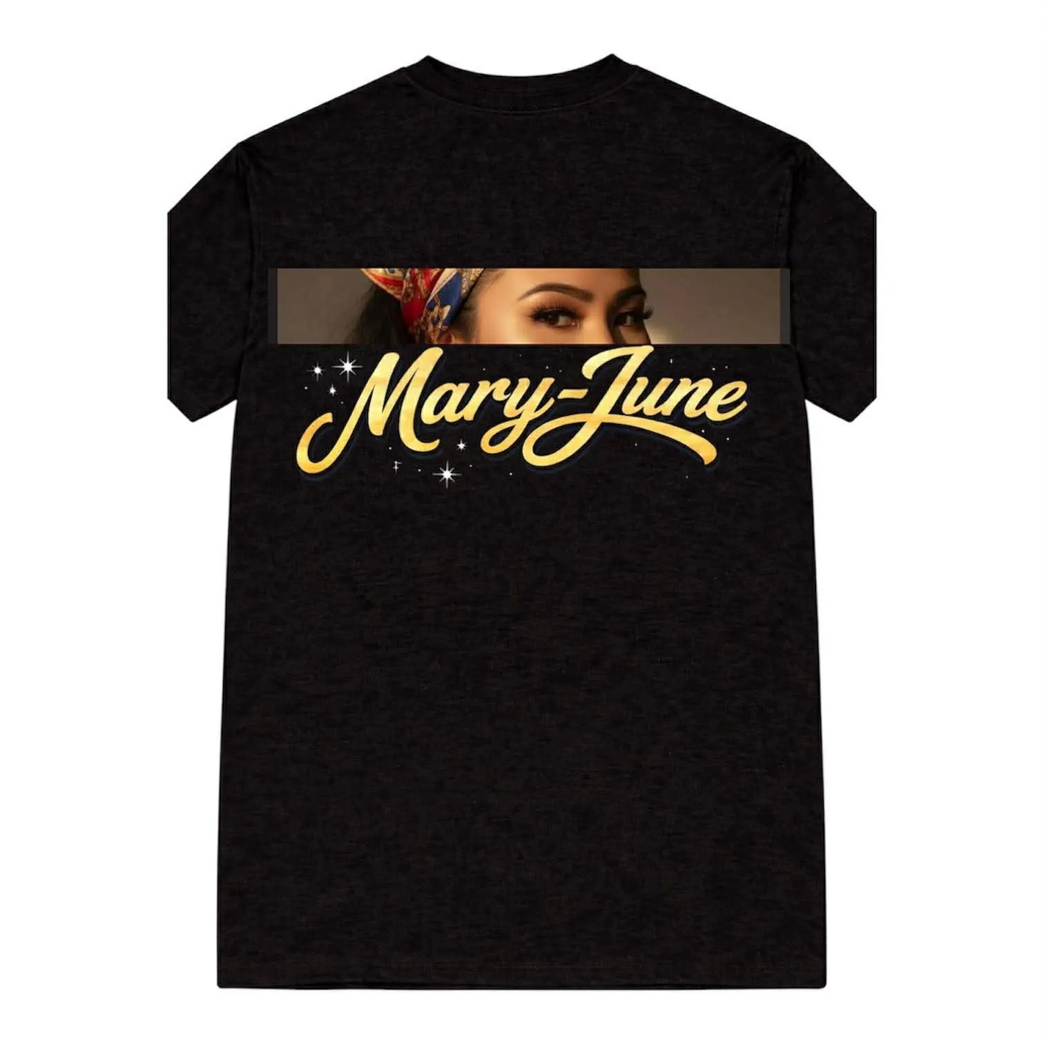 Back of the tee — Mary-June's eyes above her name in gold script